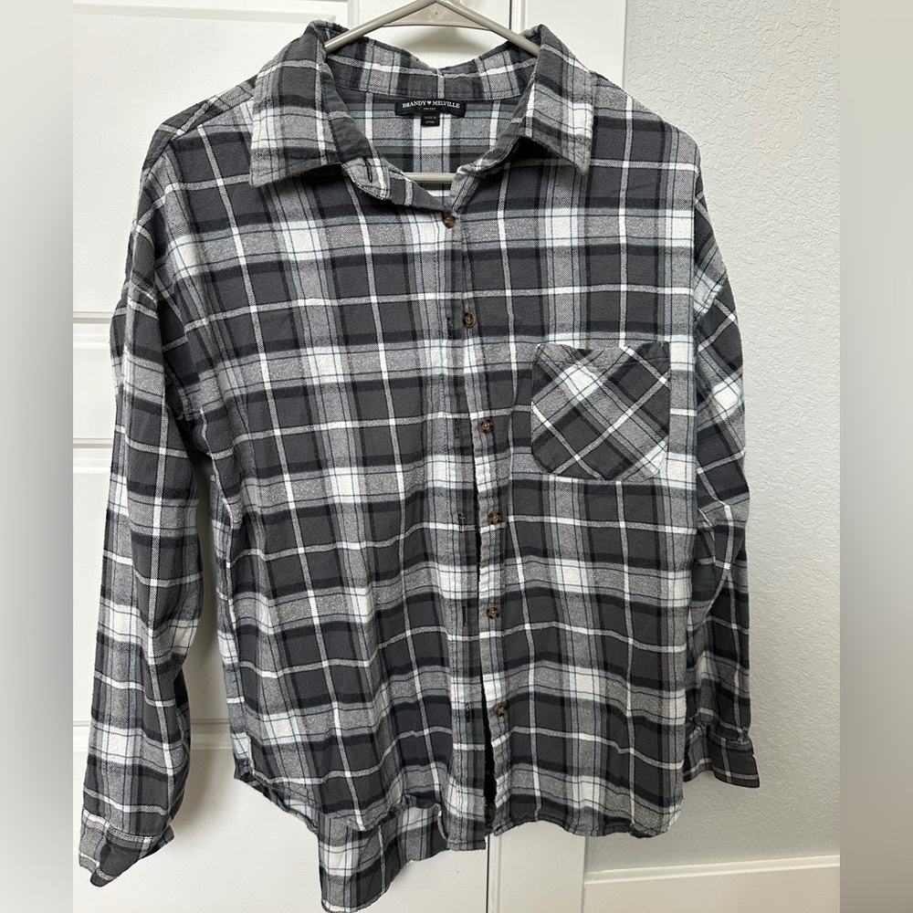 Brandy Melville Gray and White Checkered Flannel Shirt